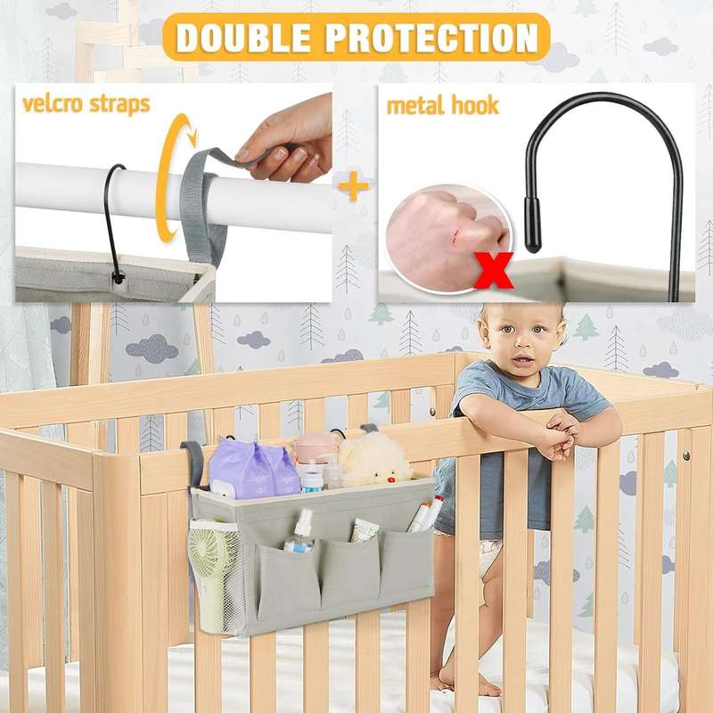 Bedside Caddy Organizer Fixed Straps & Water Bottle Holder Crib Bed Rails