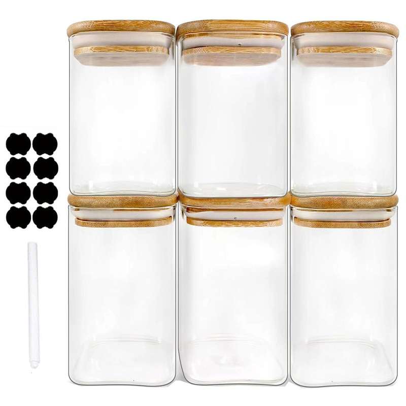 6 Pack 1.2L Glass Food Storage Container Jars With Bamboo Lids/Label/Marker