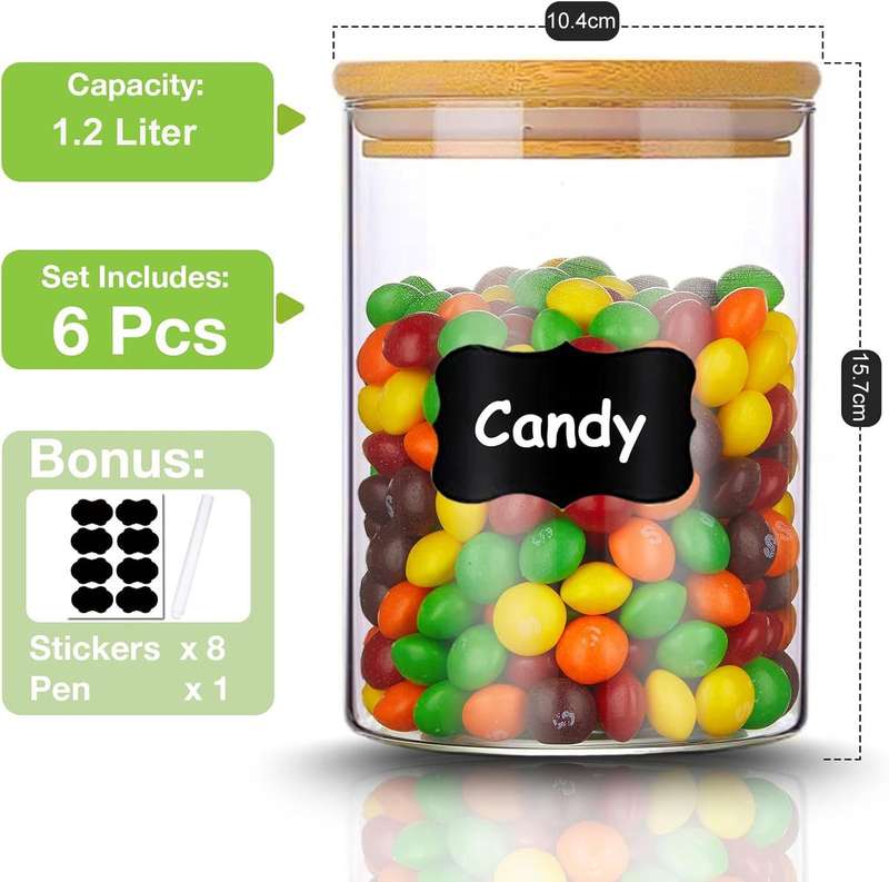 6 Pack 1.2L Glass Food Storage Container Jars With Bamboo Lids/Label/Marker