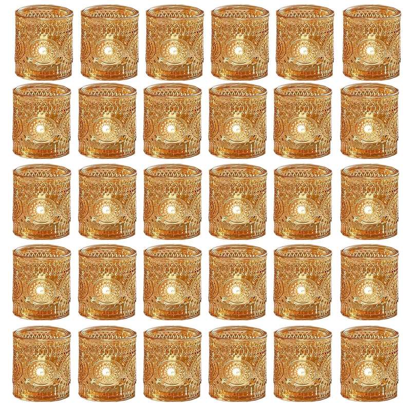 30 Pack Vintage Glass Tealight Votive Candle Holders For Table Centerpieces - Gold