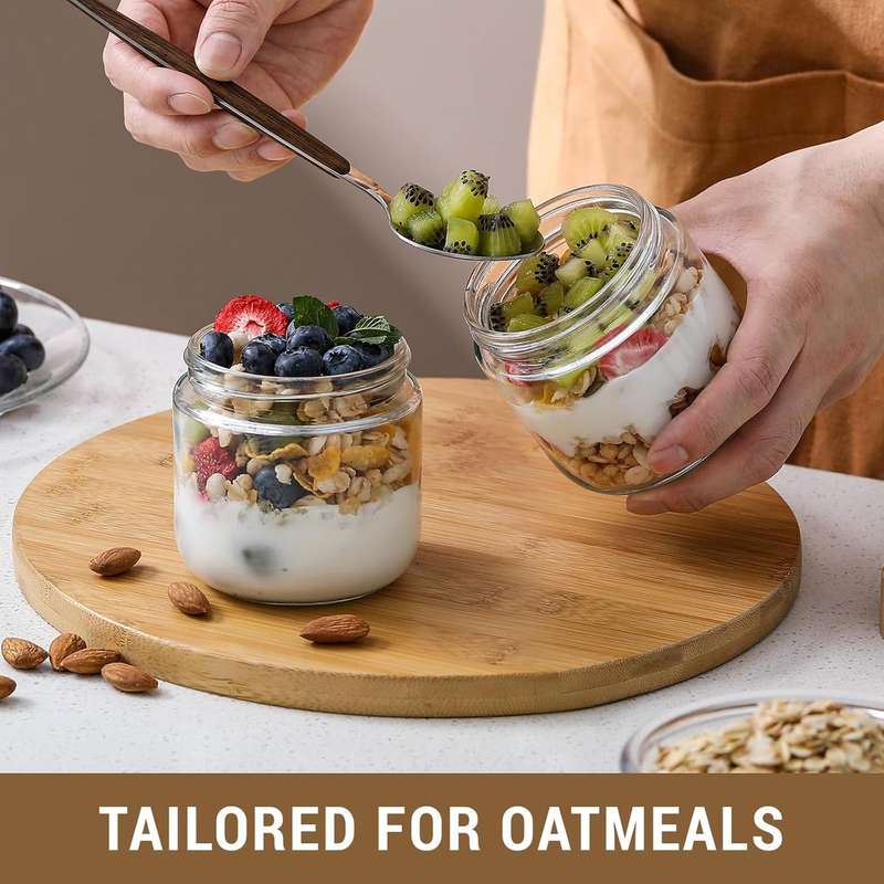 4 Pack Overnight Oat Jars Airtight Container Bamboo Lid Glass Storage-300ml - 300 ml