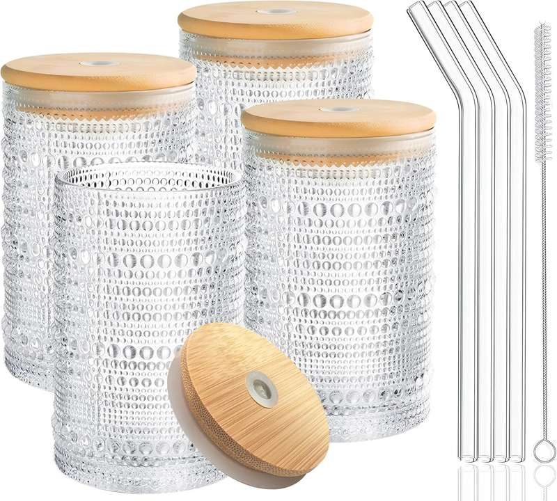 Vintage Hobnail Drinking Glasses with Bamboo Lid & Glass Straw - 500ml - 4 Pack