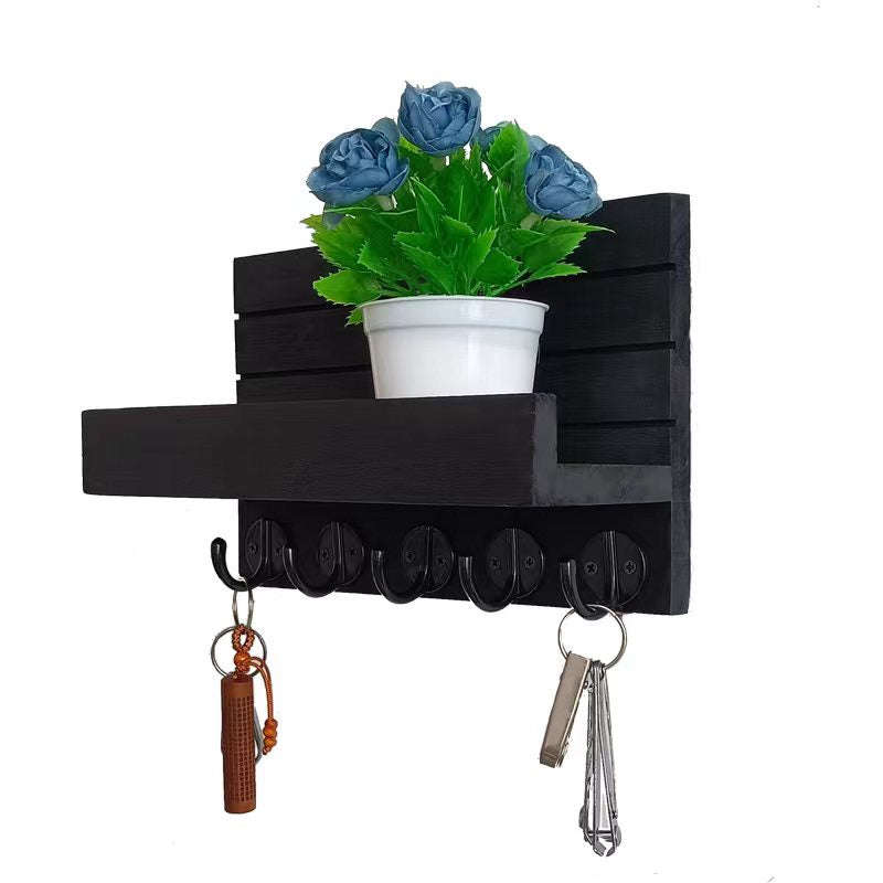Key Holder and 5 Sturdy Hooks Rack - Black