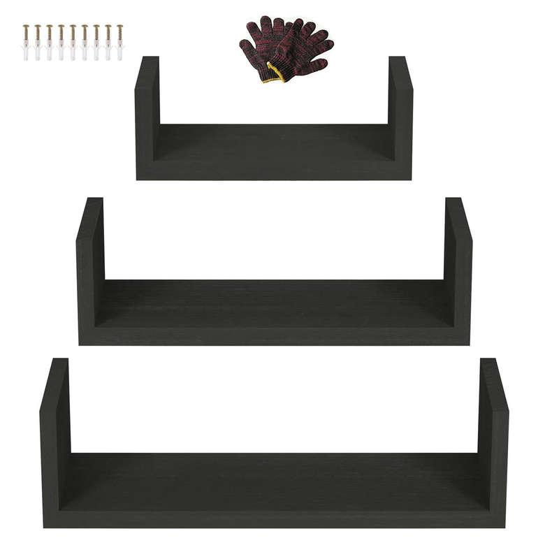 3 Piece U shape Wooden Floating Shelves For Bedroom Bathroom Wall Décor - Black