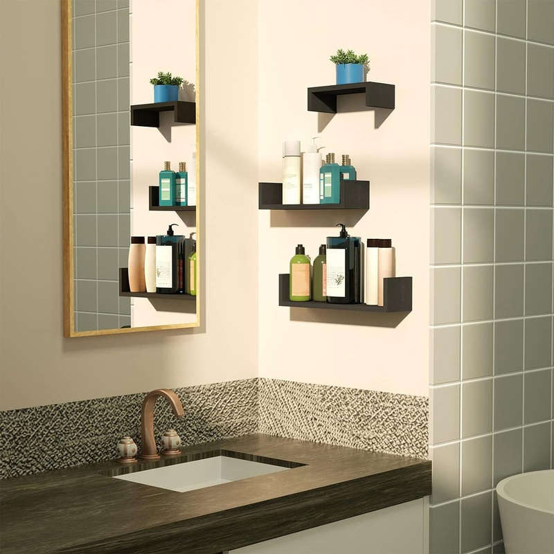 3 Piece U shape Wooden Floating Shelves For Bedroom Bathroom Wall Décor - Black