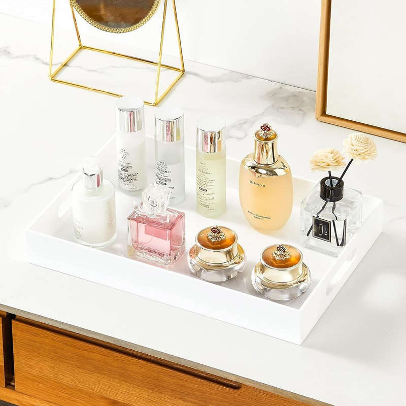 Large Acrylic Serving Tray With Handles - Table Countertop Organiser Decor White