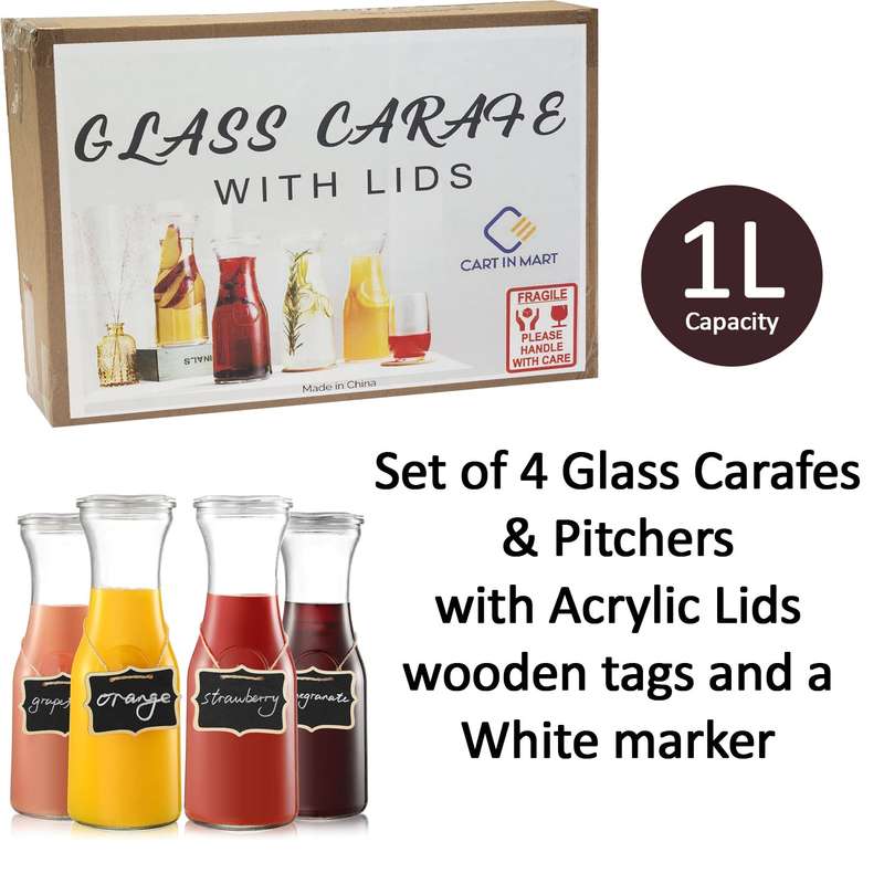 4 Pack Clear Glass Carafe With Lid (1L)Tags,Marker-Bar Serveware Pitcher