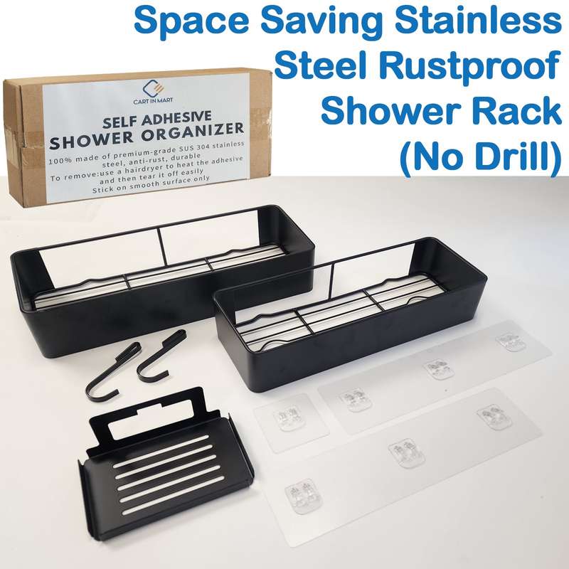 Adhesive Shower Caddy No Drill Organiser With Soap Holder, Hooks- 5 Piece
