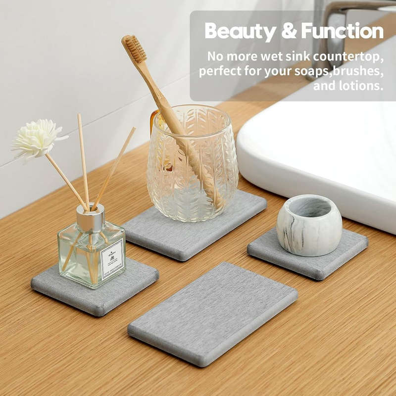 4 Pack Diatomite Coasters Water Absorbant Stone Trays For Bathroom/Kitchen Light Grey