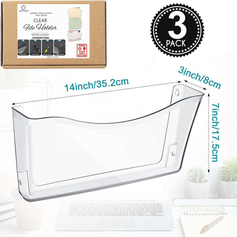3 Pack Clear Acrylic Wall Mount Hanging File Organizer Holder Single Pocket