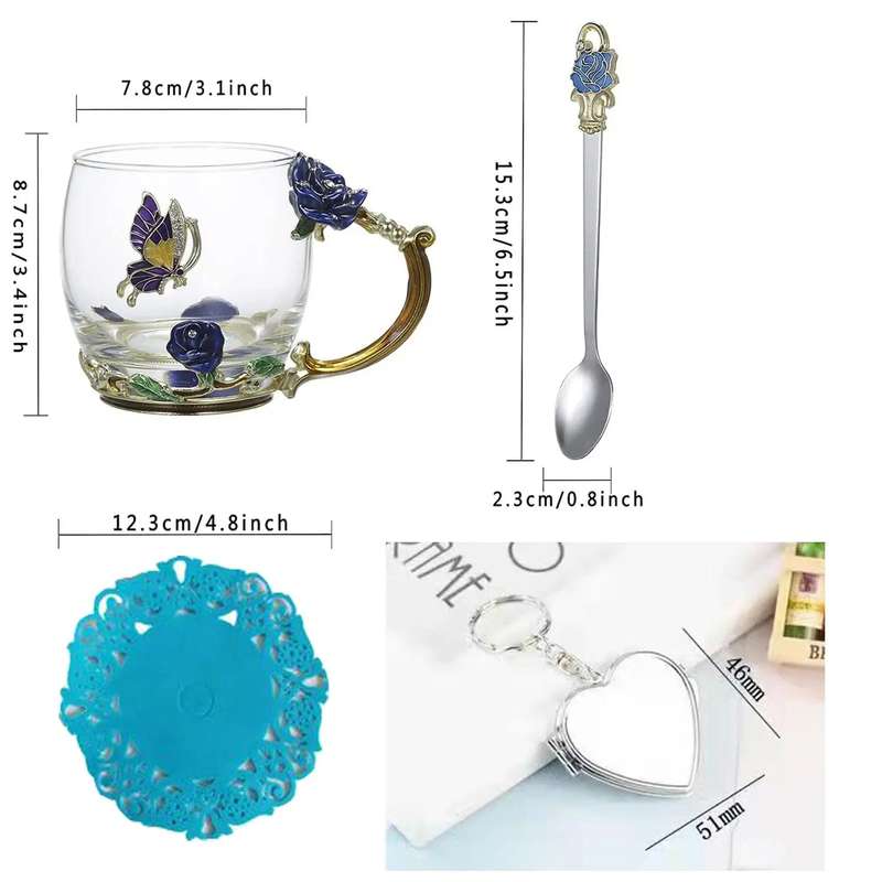 Enamel Glass Coffee Mug Gift Box-Blue Gold Rose