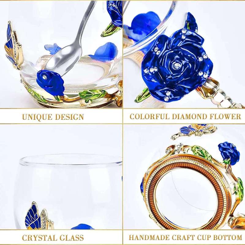 Enamel Glass Coffee Mug Gift Box-Blue Gold Rose