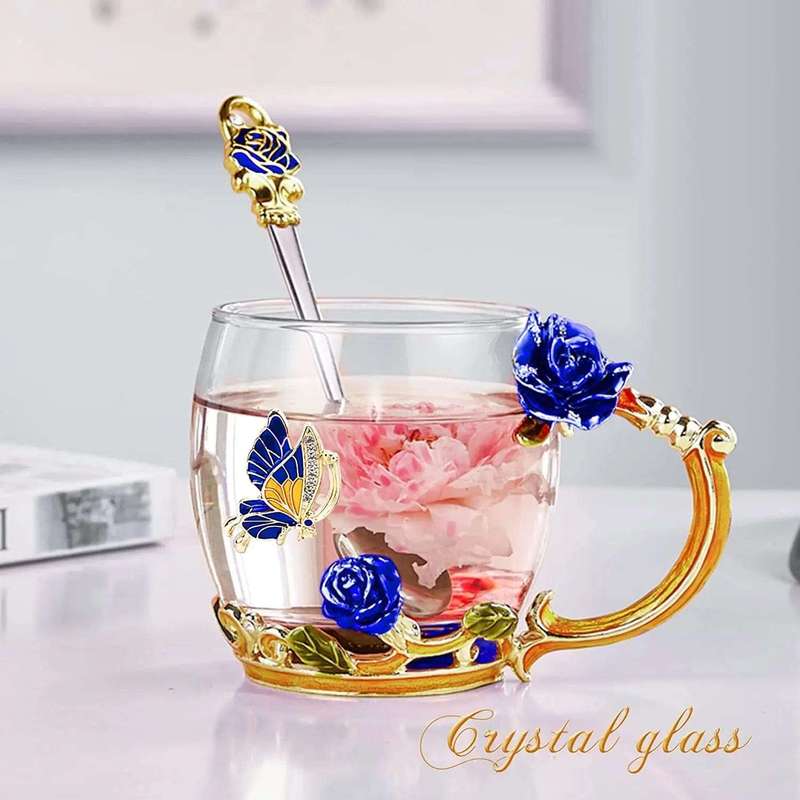 Enamel Glass Coffee Mug Gift Box-Blue Gold Rose