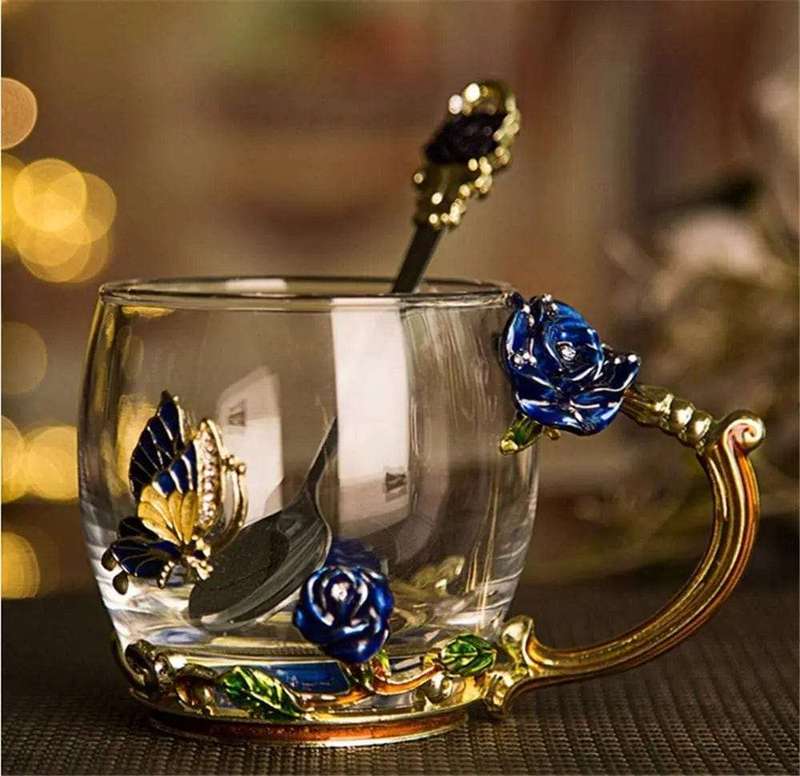Enamel Glass Coffee Mug Gift Box-Blue Gold Rose
