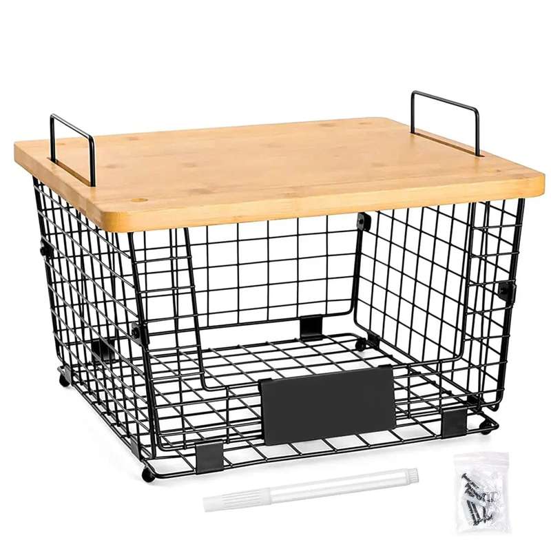 Metal Kitchen Counter Basket Organiser With Bamboo Top
