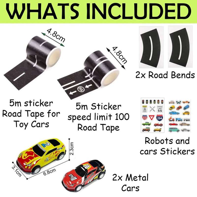 2 Pack Play Road Tape Set With Metal Toy Cars