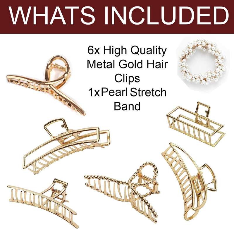 Large Metal Hair Claw Clips & Pearl Stretch Band Golden- 7 Piece