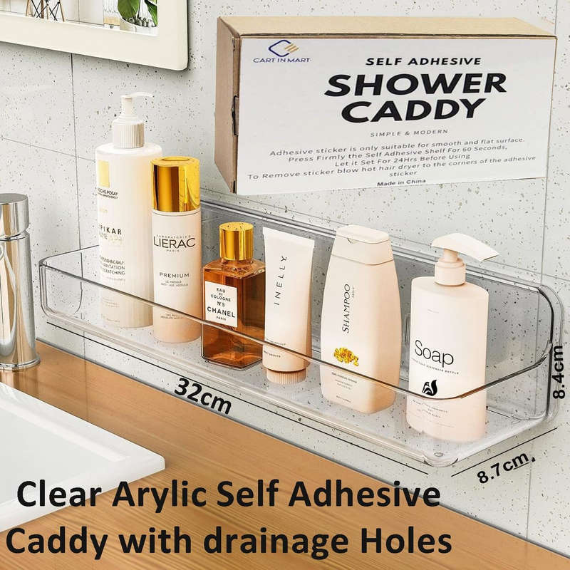 Large Clear Acrylic Shower Caddy No Drill Wall Mounted Adhesive Shelf