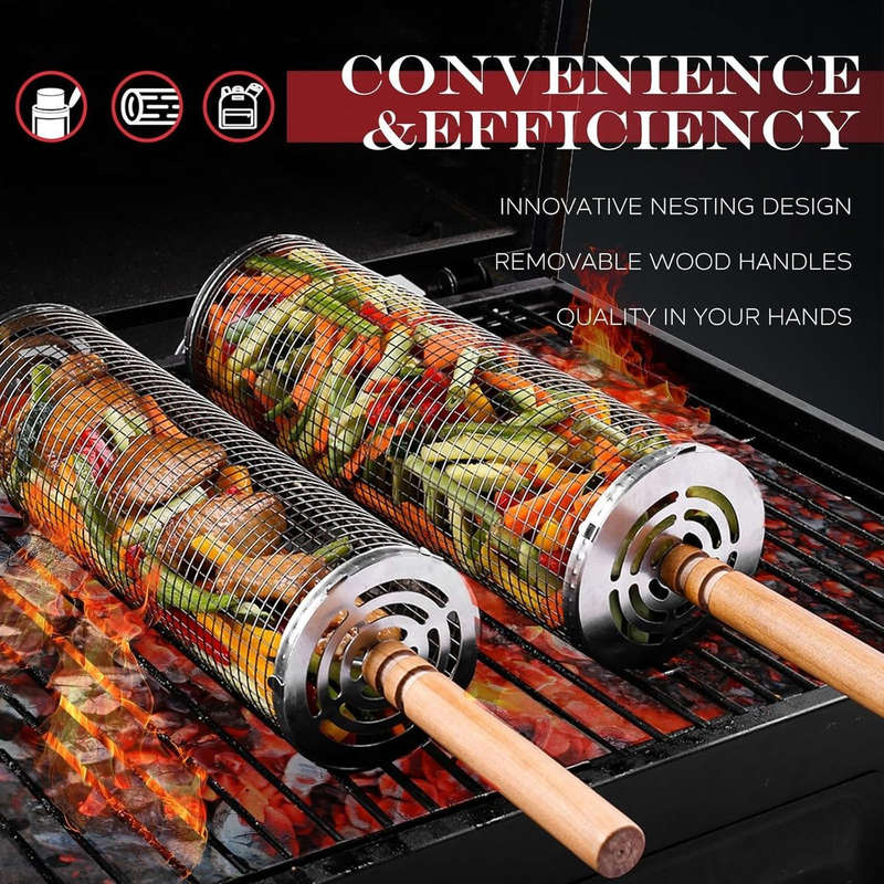 2 Pack BBQ Rolling Grill Baskets For Braai Grilling Wooden Handle-Men Gift