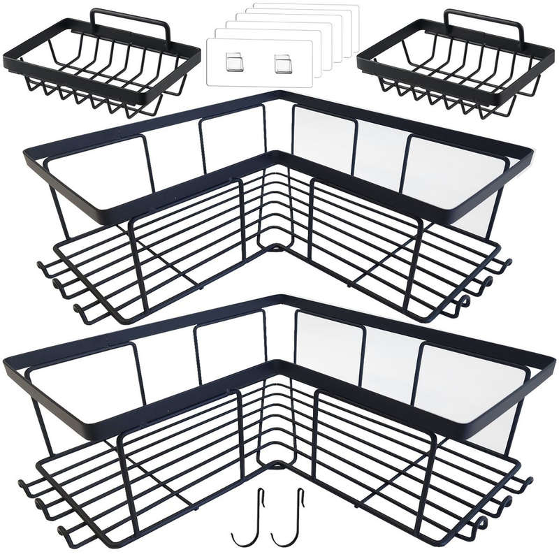 Corner Adhesive Shower Caddy No Drill Organiser With 2 Soap Holder, Hooks