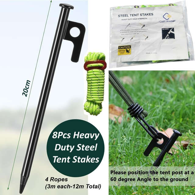 8 Pack Tent Stakes Heavy Duty 20cm Steel Pegs With 4 Ropes For Camping
