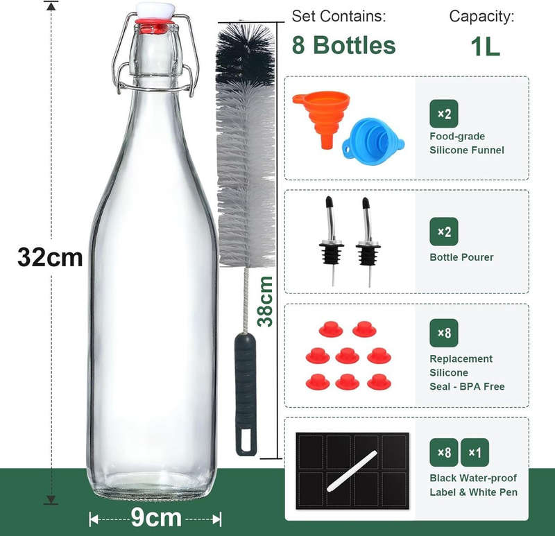 8-Pack 1L Swing-Top Glass Bottles | Airtight Flip-Top Lids + 8 Extra Seals | Cartinmart
