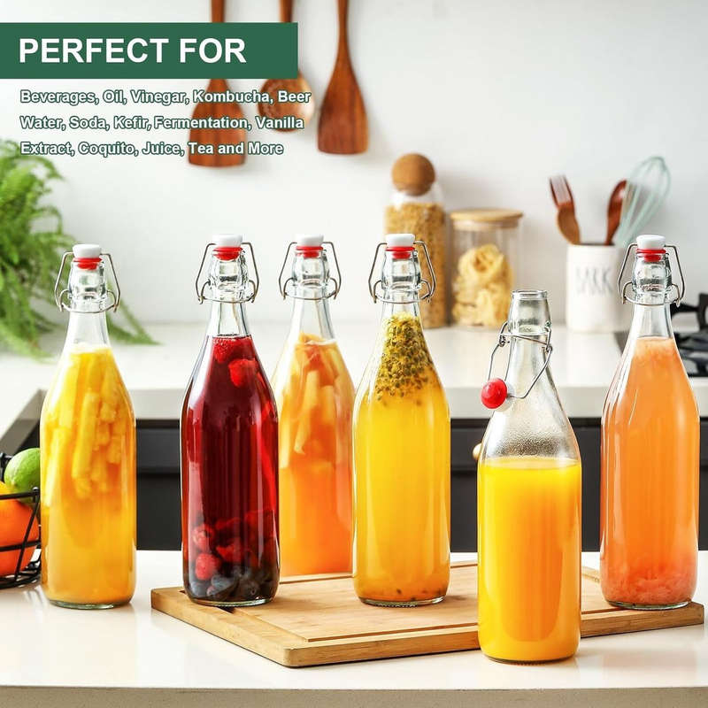 8-Pack 1L Swing-Top Glass Bottles | Airtight Flip-Top Lids + 8 Extra Seals | Cartinmart