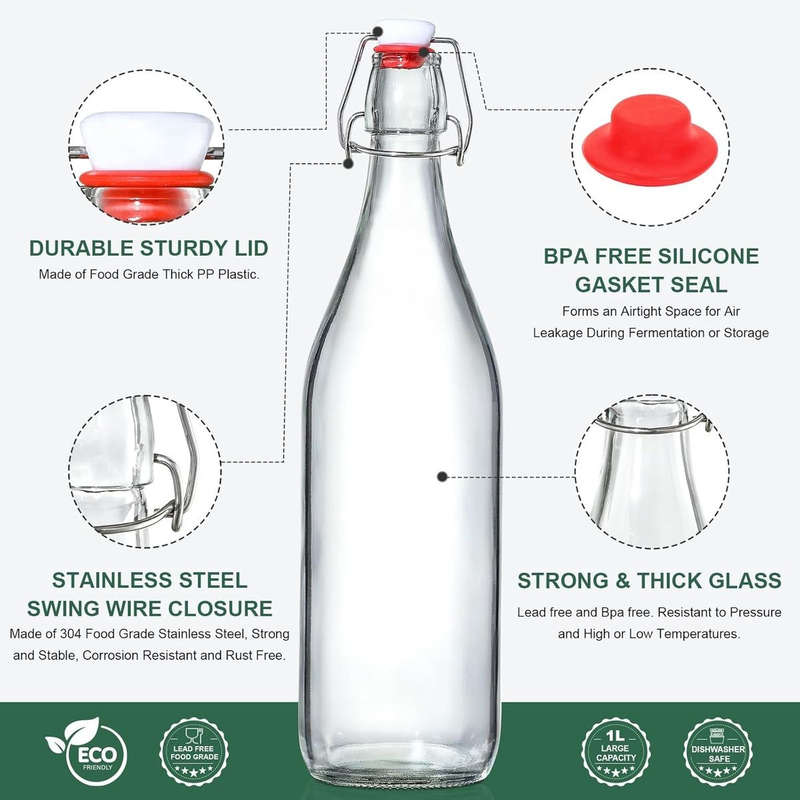 8-Pack 1L Swing-Top Glass Bottles | Airtight Flip-Top Lids + 8 Extra Seals | Cartinmart