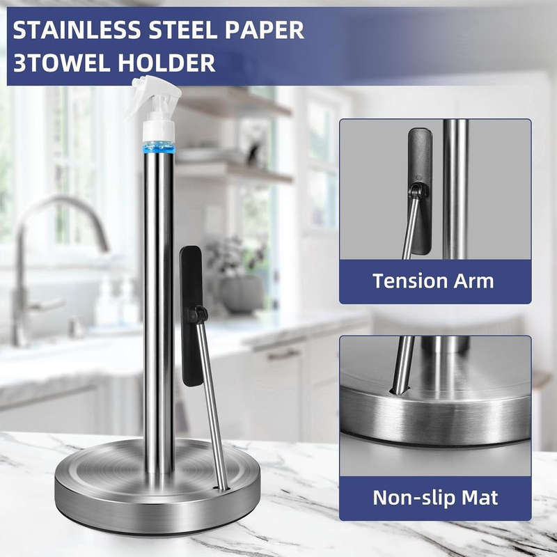 Kitchen Paper Towel Holder Stainless Steel With Sprayer,Arm & Weighted Base