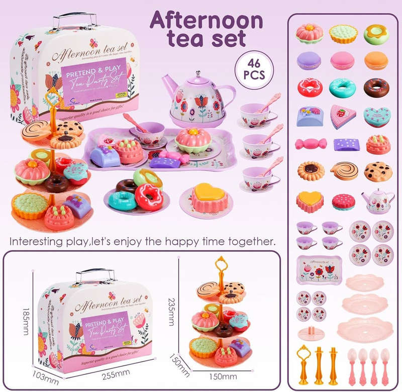46 Piece Princess Tea Party Set For Little Girls Pretend Play -Flower Theme