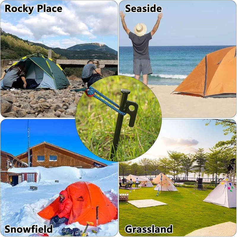 8 Pack Tent Stakes Heavy Duty 20cm Steel Pegs With 4 Ropes For Camping