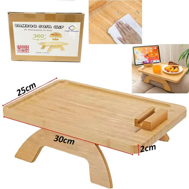 Cart in Mart Foldable Bamboo Couch Arm Tray Table with 360 Phone Holder For Sofa Side