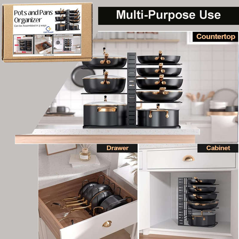 8 Tier Pot And Pan Organiser Rack Adjustable Under Or In Cabinet- 3 Methods