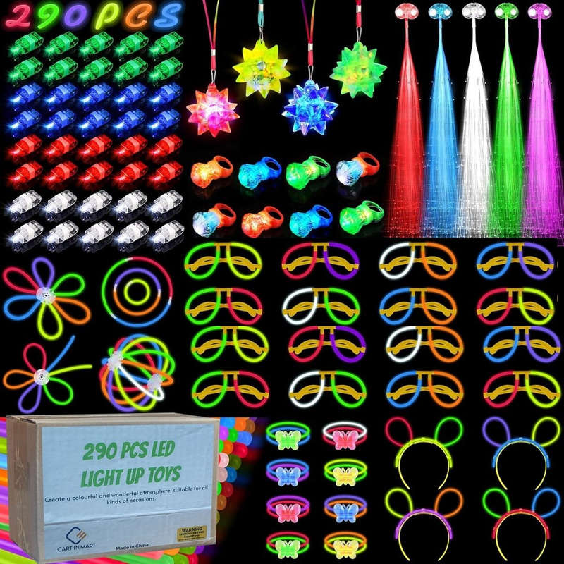 290 Pack Glow In The Dark Party Supplies Bulk LED Light Up Party Favor Toys