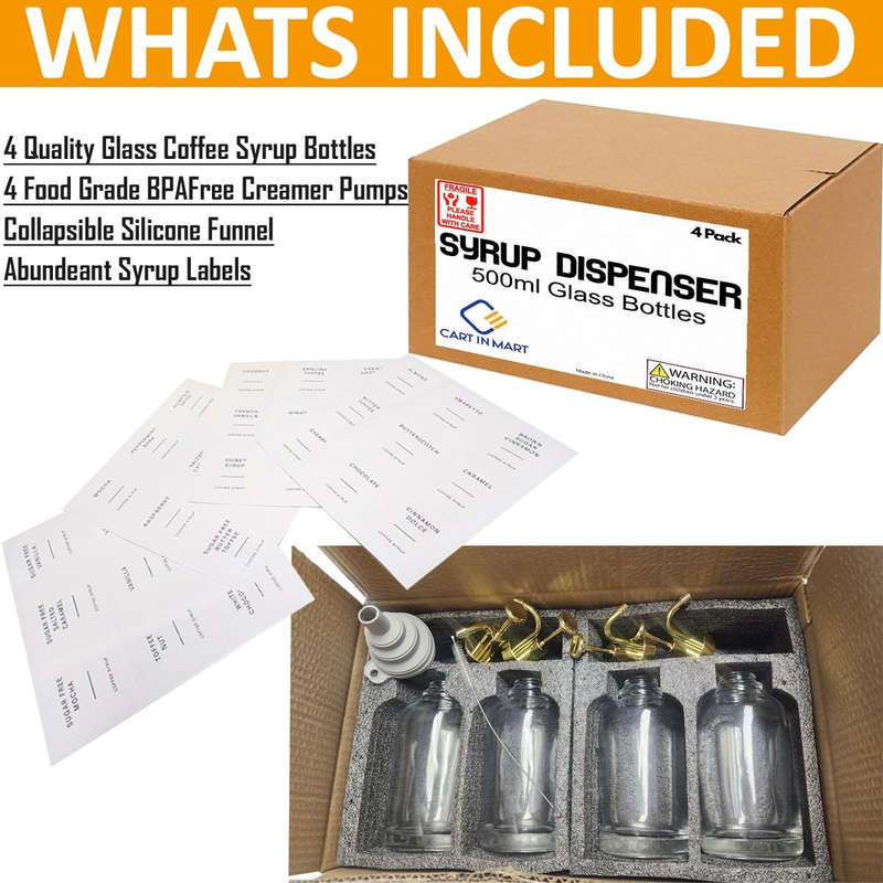 4 Pack Glass Coffee Syrup Dispenser With Labels, Gold Pump, Funnel 500ml
