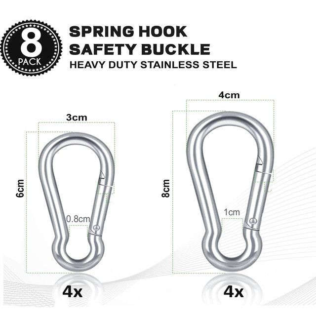 8 Piece Heavy Duty Carabiner Clips Steel Spring Snap Hook-8cm & 6cm(4 Each)