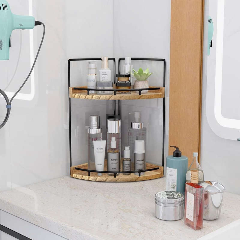 2-Tier Vanity Bathroom Counter Corner Shelf Organiser Kitchen Storage-Wood