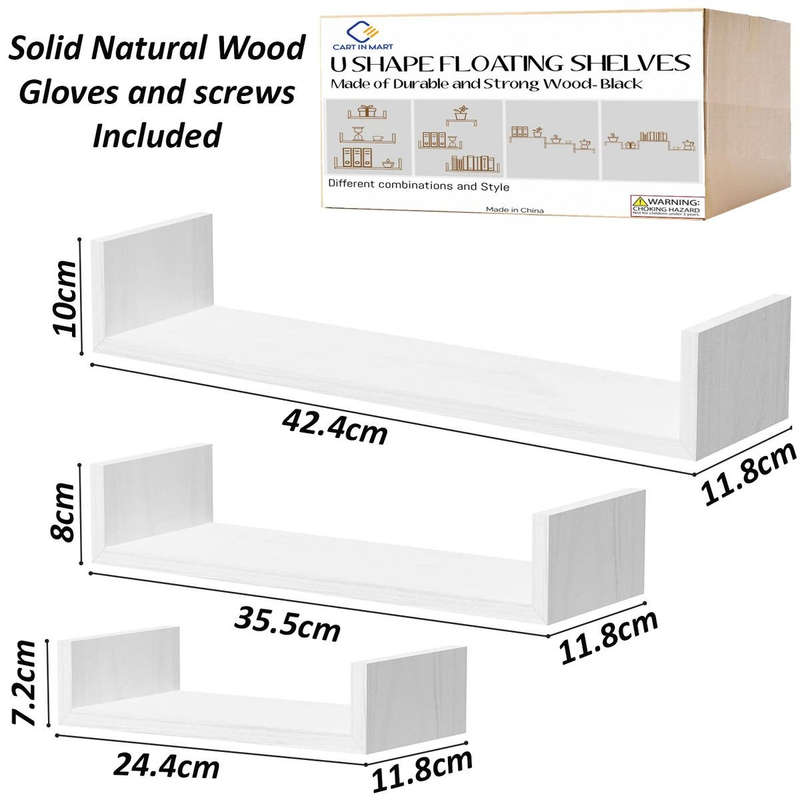 3 Piece U shape Wooden Floating Shelves For Bedroom Bathroom Wall Décor White