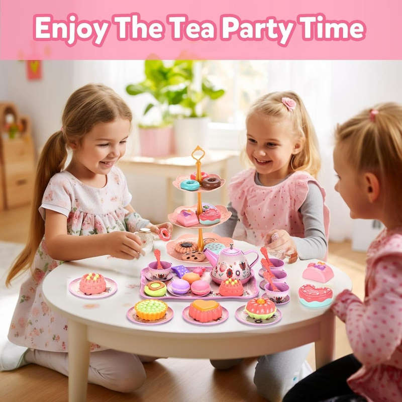 46 Piece Princess Tea Party Set For Little Girls Pretend Play -Flower Theme