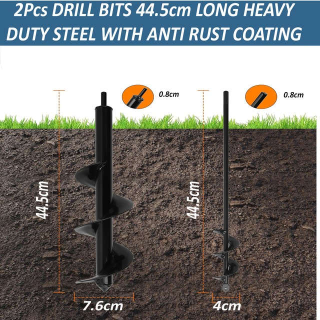 2 Piece Spiral Auger Drill Bit For Planting Garden Hole-44.5x7.6 & 44.5x4cm