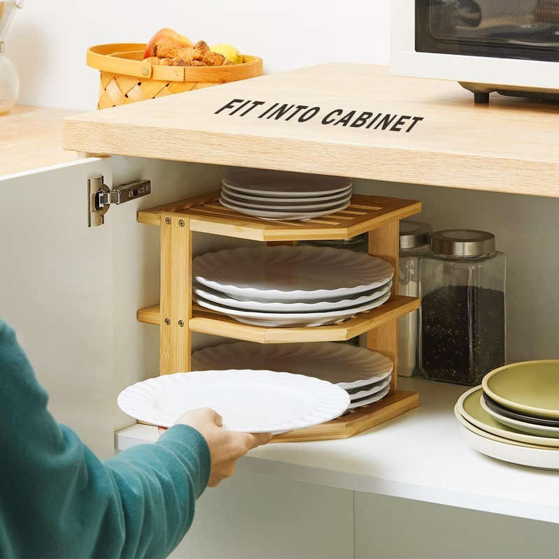 3 Tier-Bamboo Corner Shelf Plate Organizer For Kitchen and Bathroom Storage