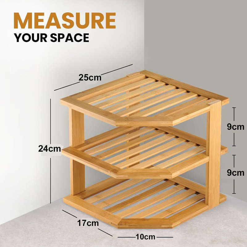 3 Tier-Bamboo Corner Shelf Plate Organizer For Kitchen and Bathroom Storage