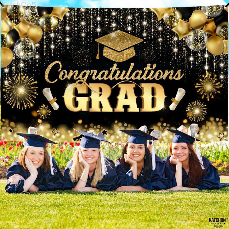 Congratulations Graduation Banner Backdrop-180x110cm-Glitter Black & Gold