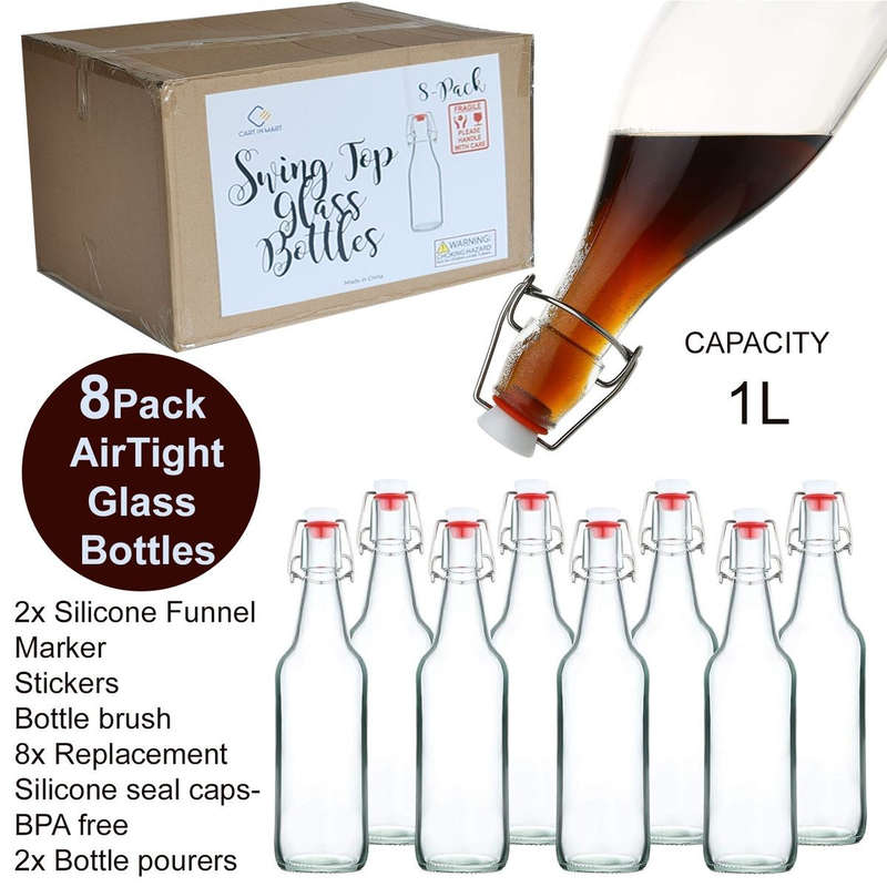 8-Pack 1L Swing-Top Glass Bottles | Airtight Flip-Top Lids + 8 Extra Seals | Cartinmart