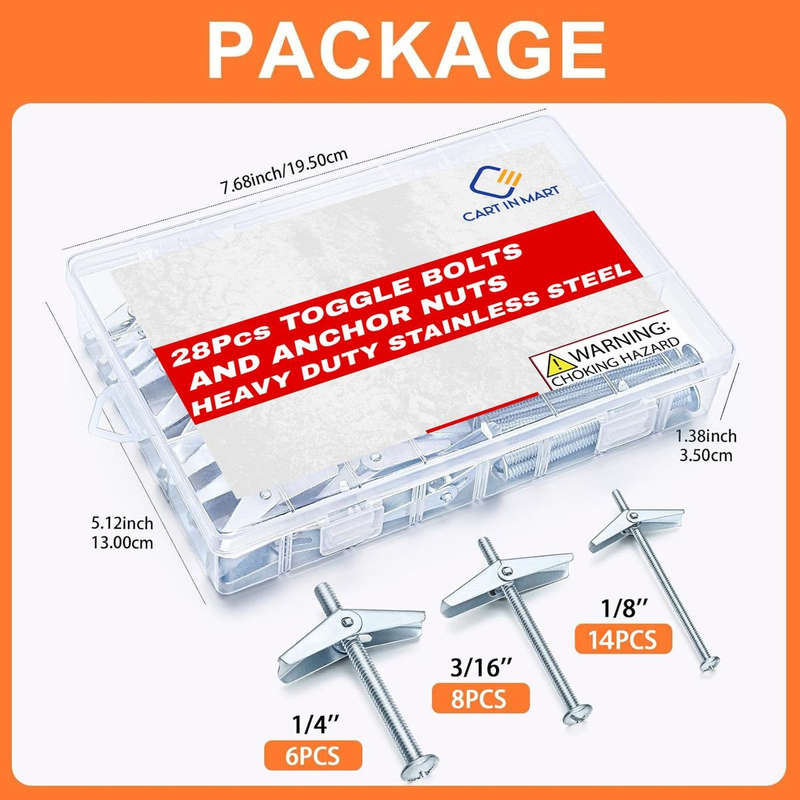 28 Piece Toggle Bolts & Nut Kit Drywall Butterfly Anchors- 3 Size 3,6,5mm