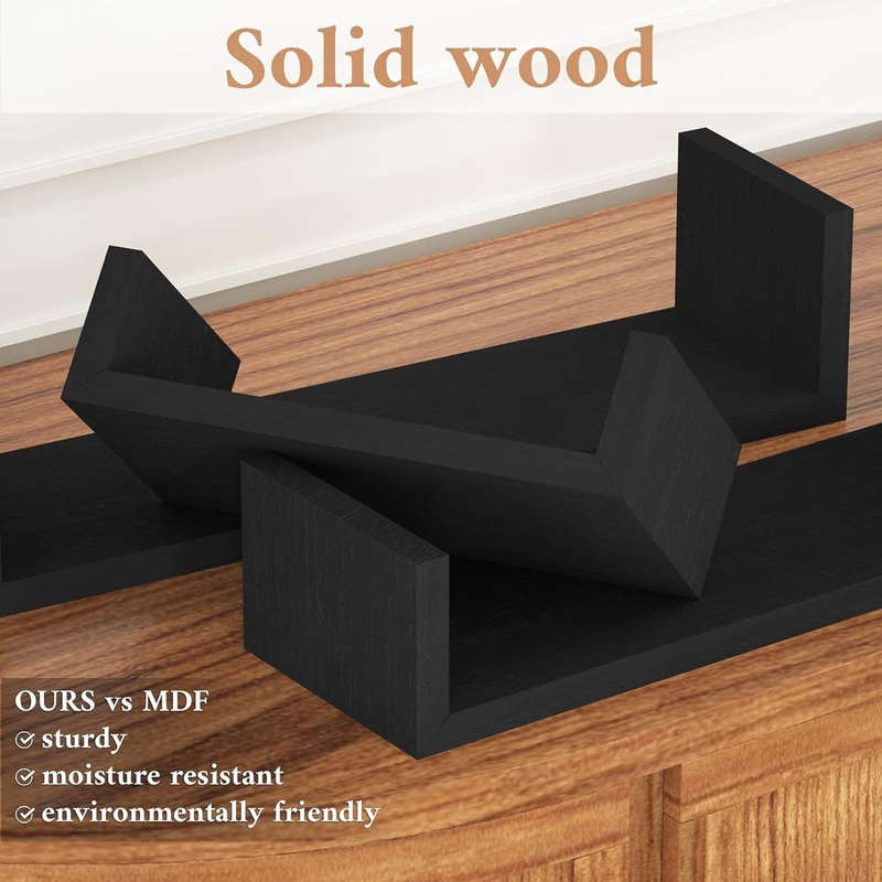 3 Piece U shape Wooden Floating Shelves For Bedroom Bathroom Wall Décor - Black