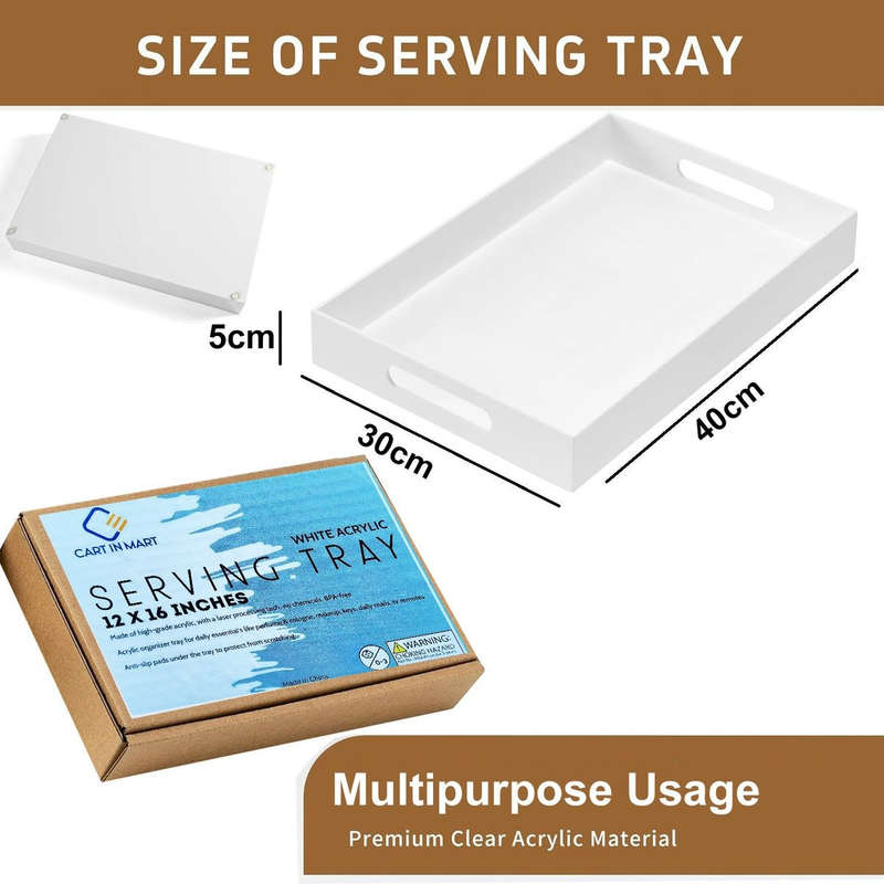 Large Acrylic Serving Tray With Handles - Table Countertop Organiser Decor White