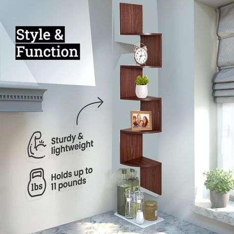 5 Tier Floating Corner Shelves For Wall Hanging Bookshelf Décor - 123cm Long - Deep Walnut - 12...
