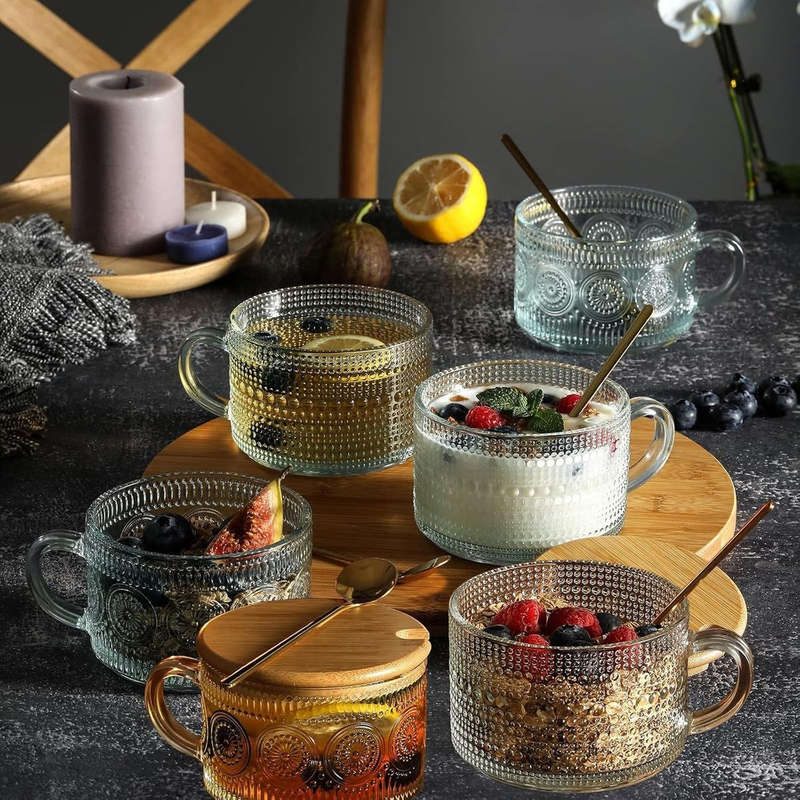 6-Pack (24 Piece) Vintage Glass Coffee Mugs Overnight Jars Tea Cups With Bamboo Lids