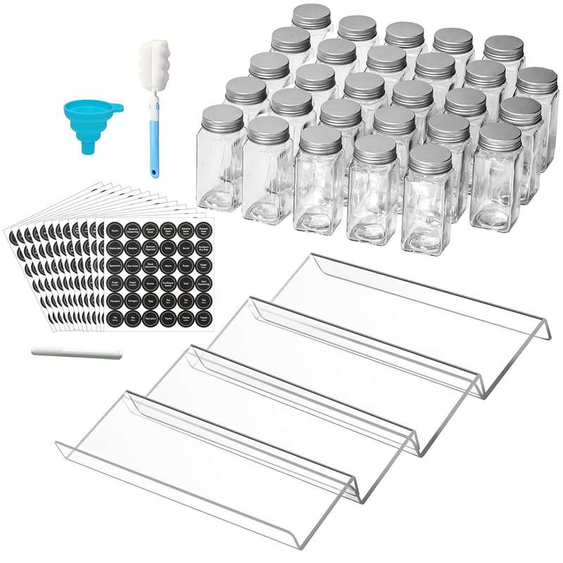 4 Tier Clear Acrylic Drawer Spice Rack Organiser With 28 Containers,Labels